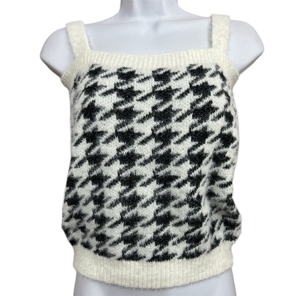 Willow & Wind Tank Top Sweater XS Black Ivory‎ Houndstooth Soft Cami Furry Cozy